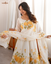 Soft Organza Silk Floral Anarkali Set with Kali Cut Flair | Potli Design Gown with Pant & Dupatta | Ready to Wear Ethnic Outfit