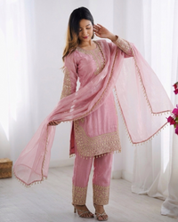 Elegant Roman Glass Silk Suit Set with Embroidered Top, Bottom & Dupatta
