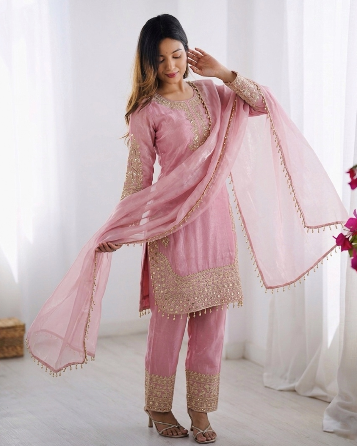 Elegant Roman Glass Silk Suit Set with Embroidered Top, Bottom & Dupatta