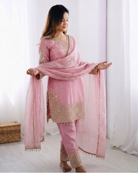 Elegant Roman Glass Silk Suit Set with Embroidered Top, Bottom & Dupatta
