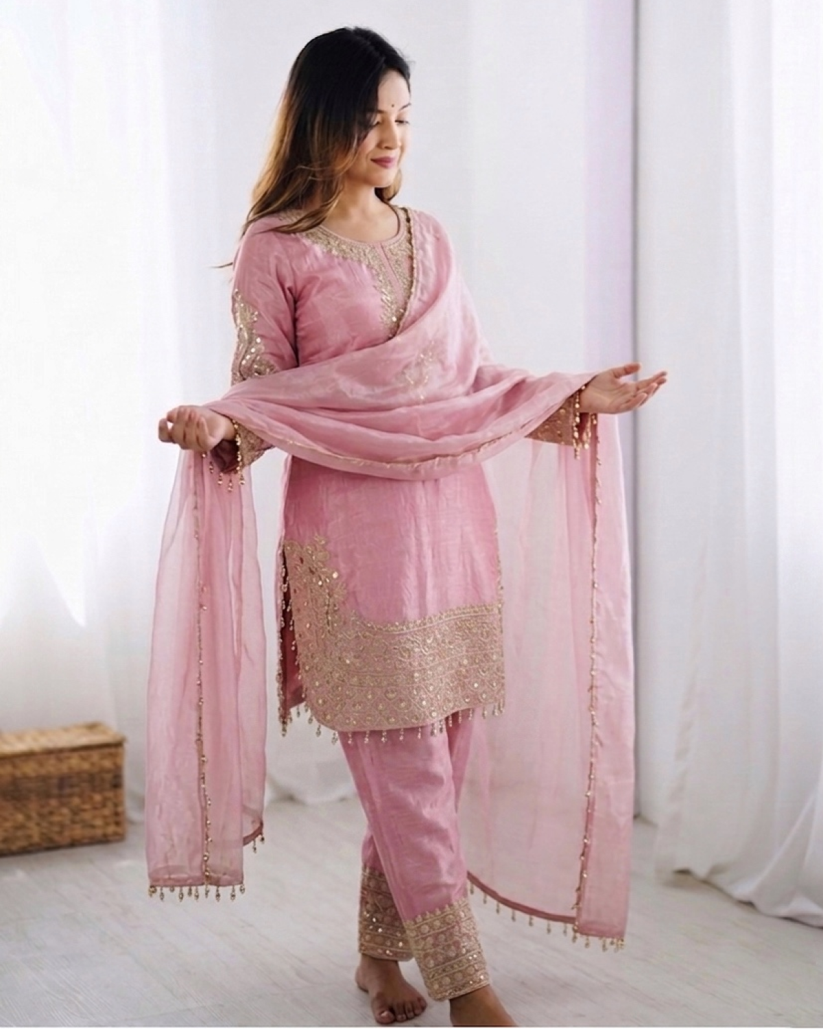 Elegant Roman Glass Silk Suit Set with Embroidered Top, Bottom & Dupatta