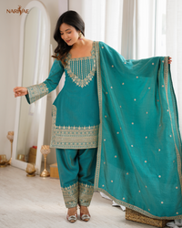 Vichitra Silk Farshi Shalwar Suit Set with Embroidered Kurta & Dupatta | Dori & Zari Work | Ready to Wear Ethnic Outfit
