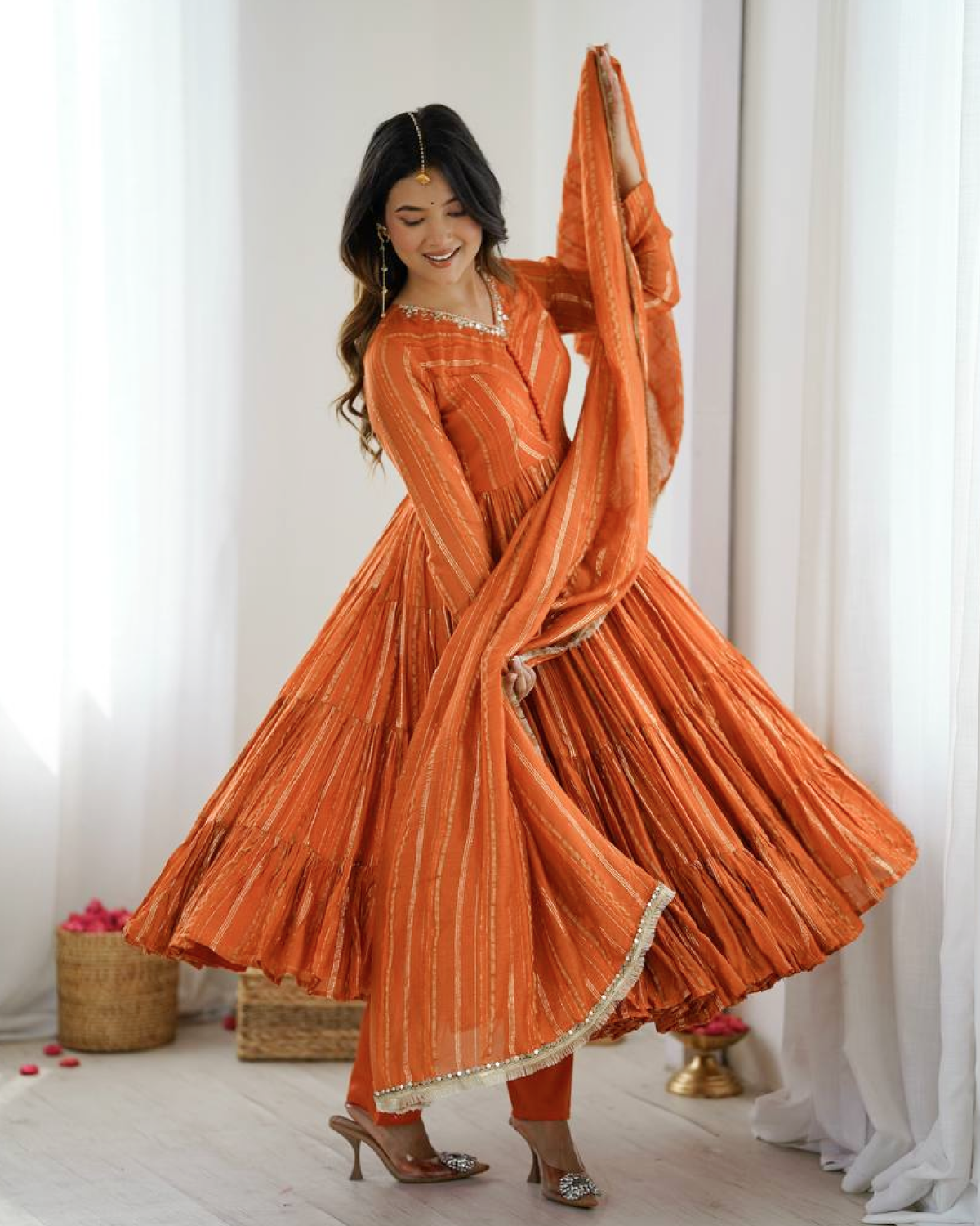 Mal Chanderi Ruffle Gown with Real Mirror Work | Dupatta & Bottom Set | Ready to Wear Ethnic Outfit for Women