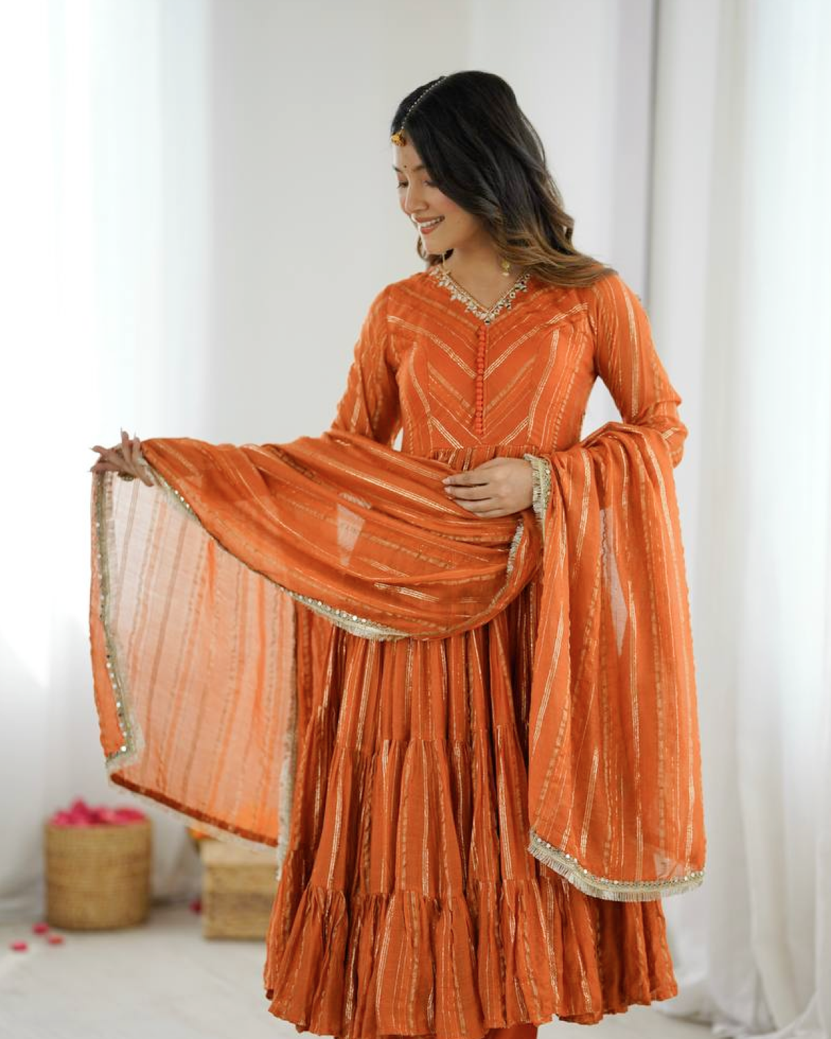 Mal Chanderi Ruffle Gown with Real Mirror Work | Dupatta & Bottom Set | Ready to Wear Ethnic Outfit for Women