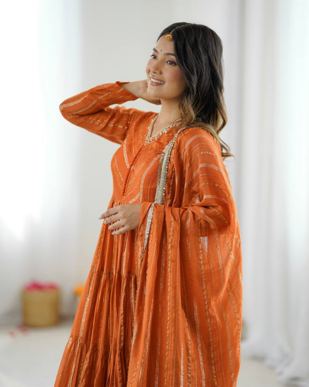 Mal Chanderi Ruffle Gown with Real Mirror Work | Dupatta & Bottom Set | Ready to Wear Ethnic Outfit for Women