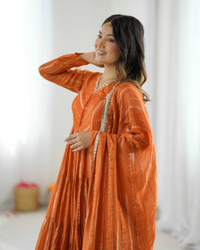Mal Chanderi Ruffle Gown with Real Mirror Work | Dupatta & Bottom Set | Ready to Wear Ethnic Outfit for Women