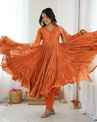 Mal Chanderi Ruffle Gown with Real Mirror Work | Dupatta & Bottom Set | Ready to Wear Ethnic Outfit for Women