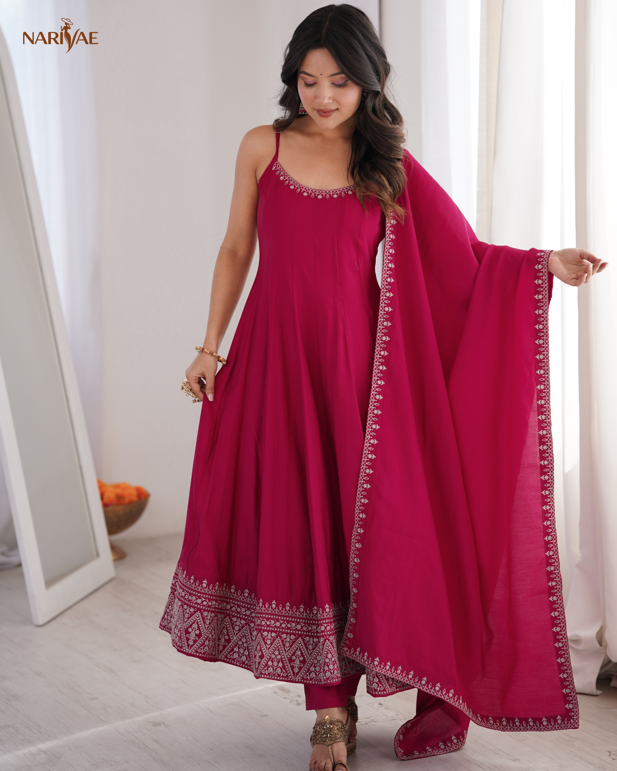 Romansilk Chanderi Sleeveless Anarkali Suit Set with Pant & Dupatta | Embroidered Flared Ethnic Wear | Ready to Wear