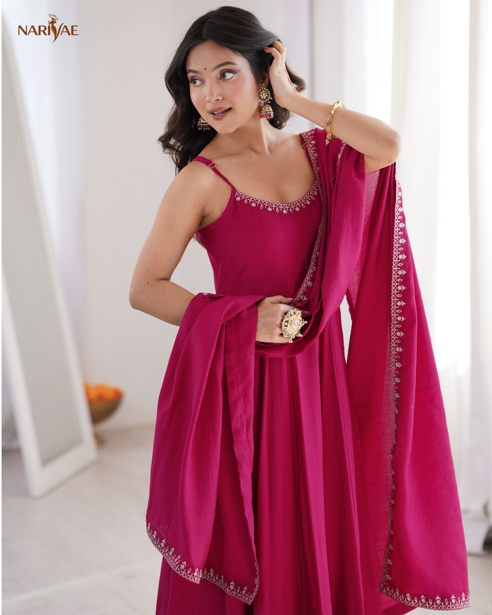 Romansilk Chanderi Sleeveless Anarkali Suit Set with Pant & Dupatta | Embroidered Flared Ethnic Wear | Ready to Wear