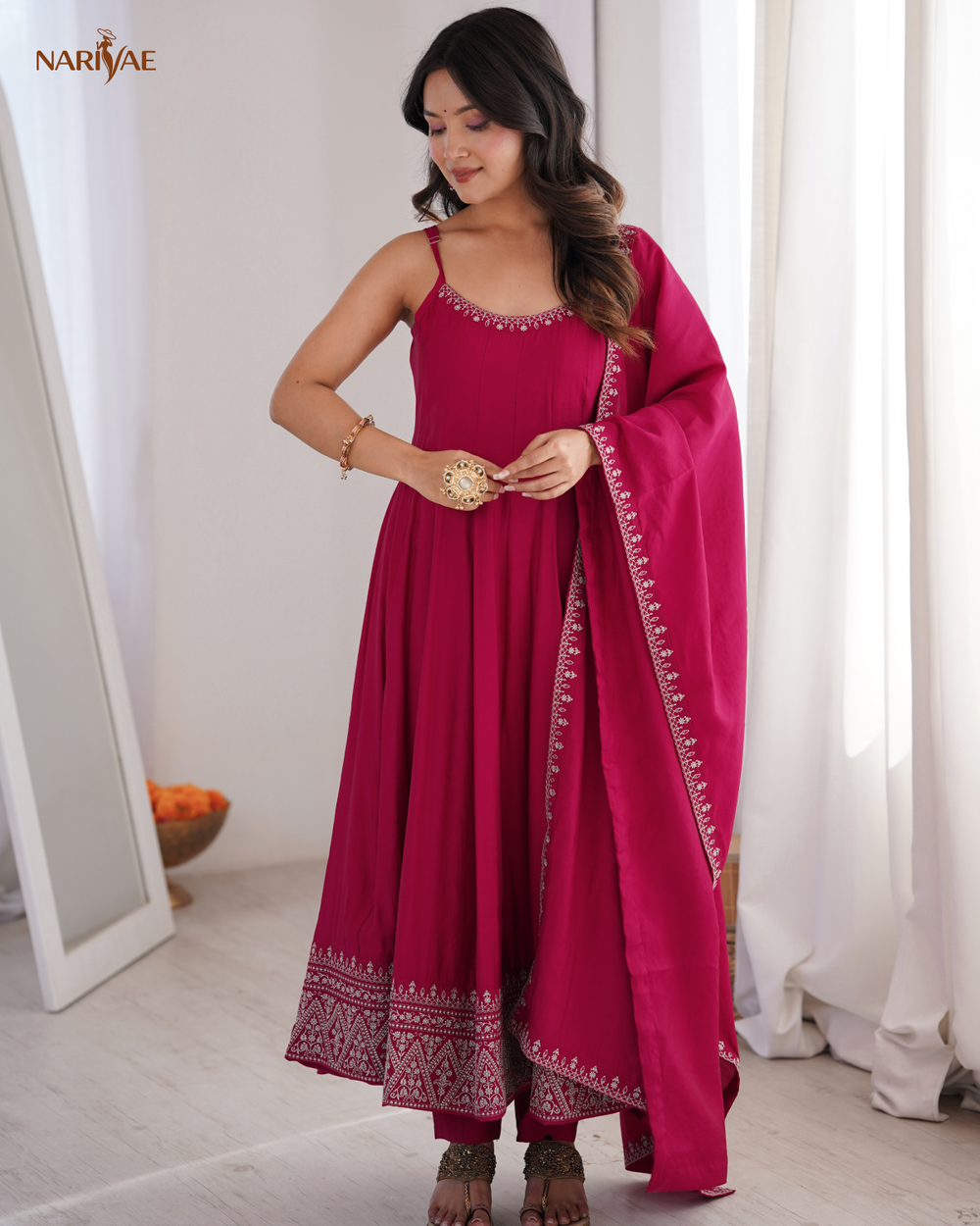 Romansilk Chanderi Sleeveless Anarkali Suit Set with Pant & Dupatta | Embroidered Flared Ethnic Wear | Ready to Wear