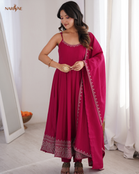 Romansilk Chanderi Sleeveless Anarkali Suit Set with Pant & Dupatta | Embroidered Flared Ethnic Wear | Ready to Wear