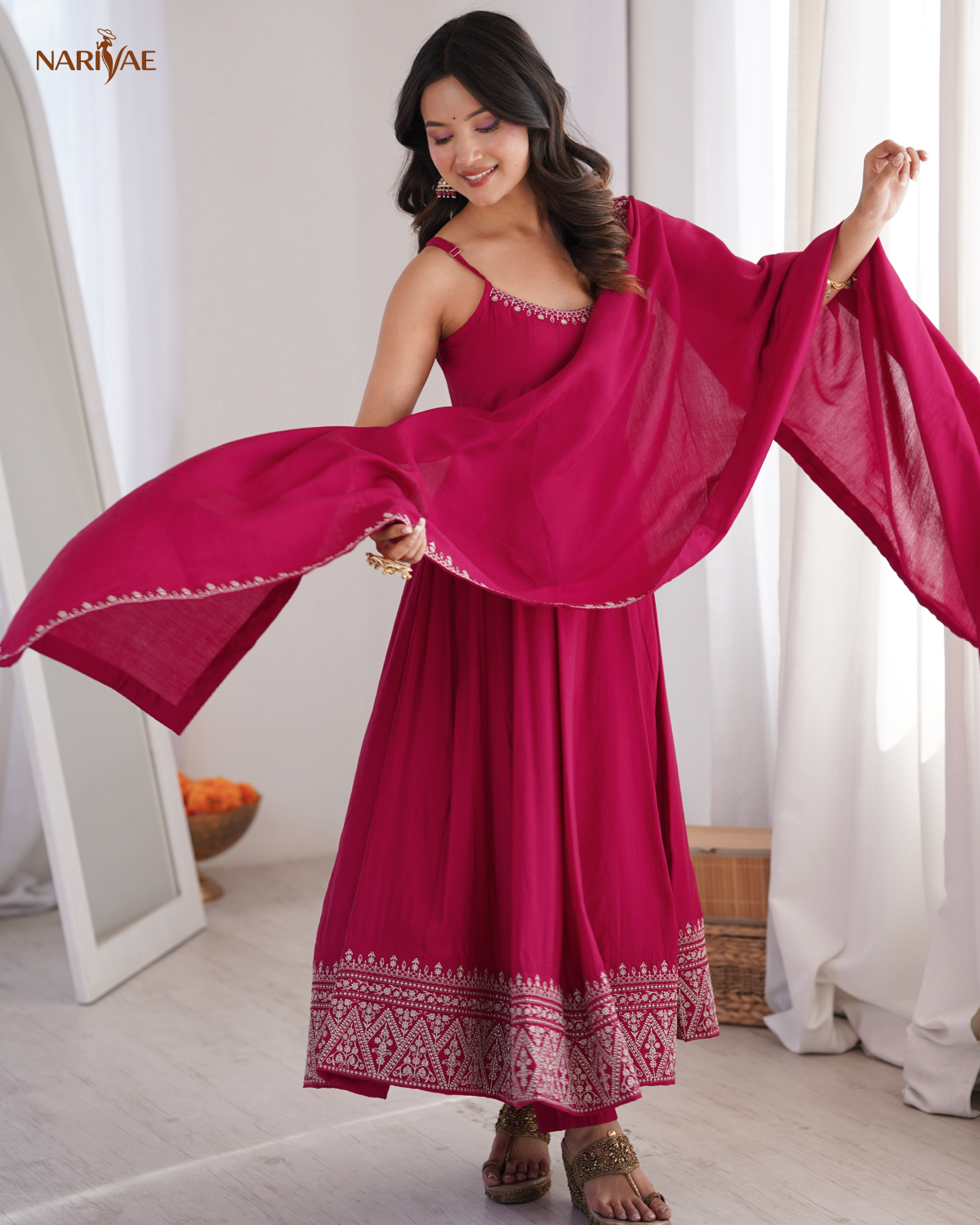Romansilk Chanderi Sleeveless Anarkali Suit Set with Pant & Dupatta | Embroidered Flared Ethnic Wear | Ready to Wear