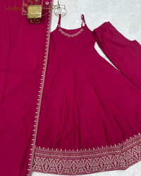 Romansilk Chanderi Sleeveless Anarkali Suit Set with Pant & Dupatta | Embroidered Flared Ethnic Wear | Ready to Wear