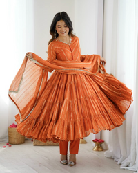Mal Chanderi Ruffle Gown with Real Mirror Work | Dupatta & Bottom Set | Ready to Wear Ethnic Outfit for Women