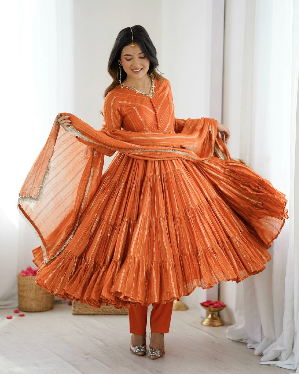 Mal Chanderi Ruffle Gown with Real Mirror Work | Dupatta & Bottom Set | Ready to Wear Ethnic Outfit for Women