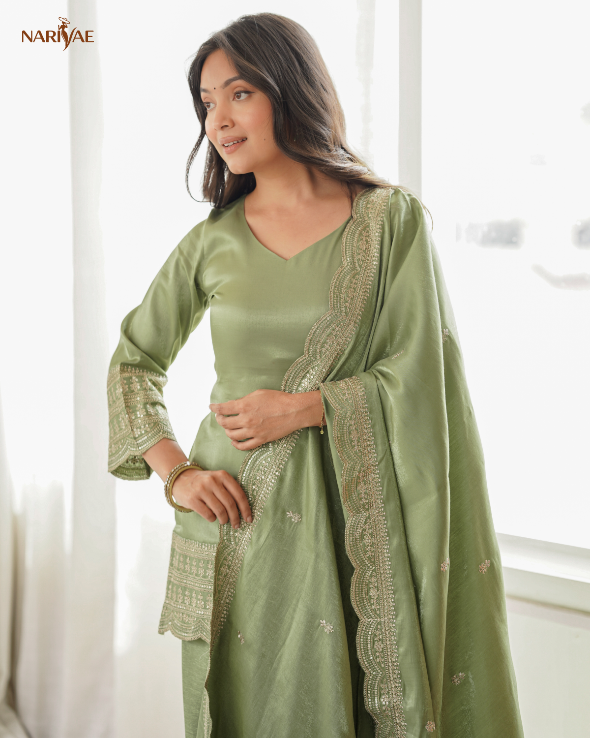 Glass Roman Silk Embroidered Kurta Set with Farshi Shalwar & Dupatta | Sequence, Dori & Zari Work | Ready to Wear Ethnic Outfit