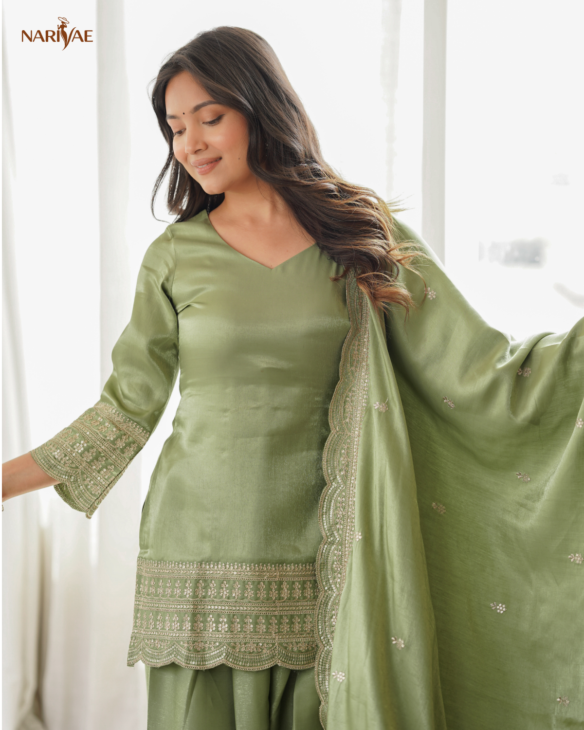 Glass Roman Silk Embroidered Kurta Set with Farshi Shalwar & Dupatta | Sequence, Dori & Zari Work | Ready to Wear Ethnic Outfit