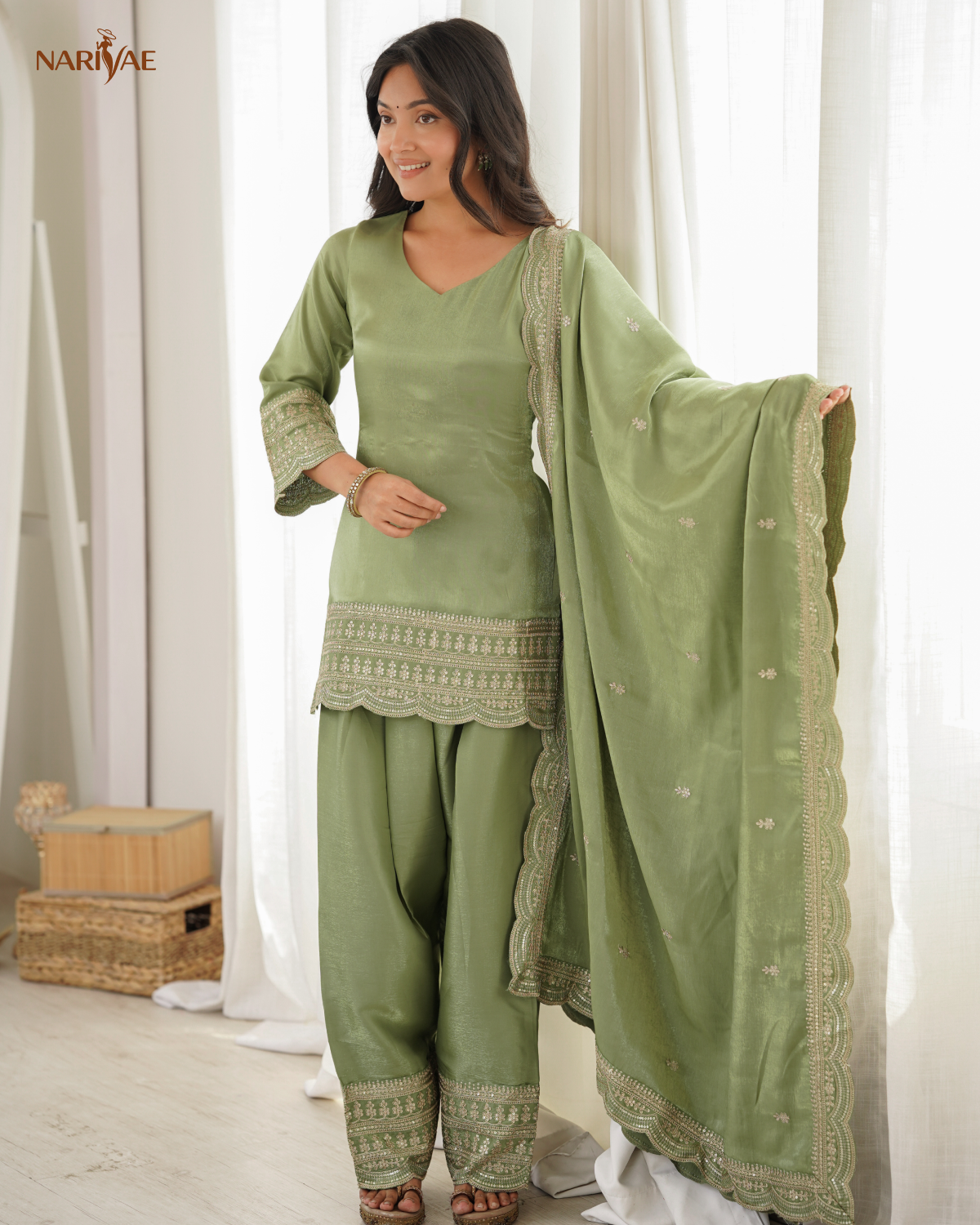Glass Roman Silk Embroidered Kurta Set with Farshi Shalwar & Dupatta | Sequence, Dori & Zari Work | Ready to Wear Ethnic Outfit