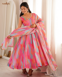 Tebi Organza Mirror Lace Work Gown Set with Pant & Dupatta | Designer Ethnic Wear | Fully Stitched Ready to Wear