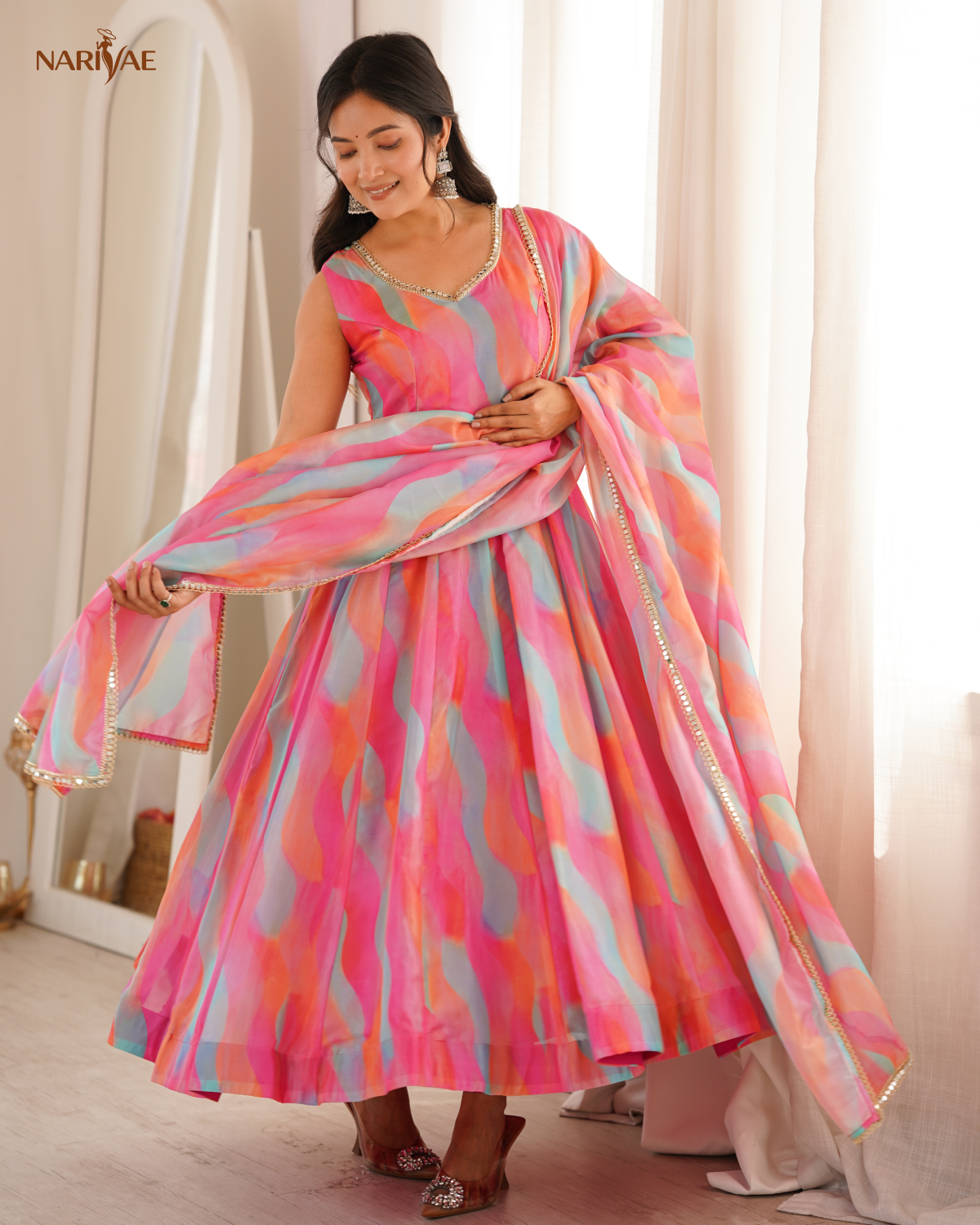 Tebi Organza Mirror Lace Work Gown Set with Pant & Dupatta | Designer Ethnic Wear | Fully Stitched Ready to Wear