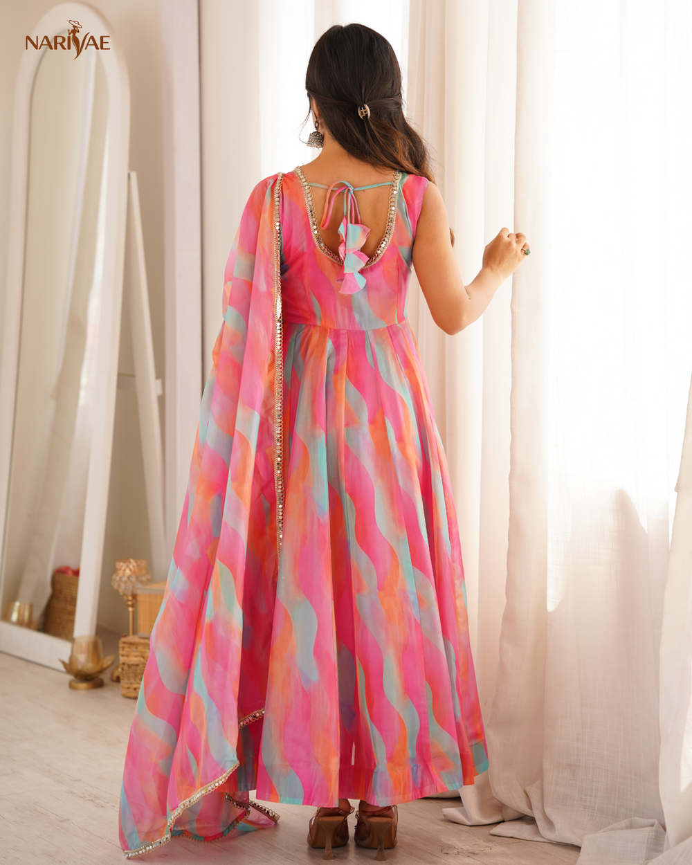 Tebi Organza Mirror Lace Work Gown Set with Pant & Dupatta | Designer Ethnic Wear | Fully Stitched Ready to Wear