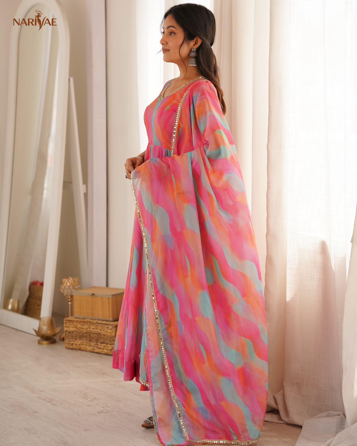 Tebi Organza Mirror Lace Work Gown Set with Pant & Dupatta | Designer Ethnic Wear | Fully Stitched Ready to Wear
