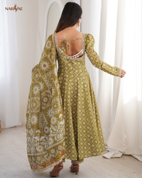 Printed Maslin Mirror Lace Work Gown Set with Pant & Organza Dupatta | Designer Ethnic Wear | Fully Stitched Ready to Wear
