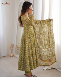 Printed Maslin Mirror Lace Work Gown Set with Pant & Organza Dupatta | Designer Ethnic Wear | Fully Stitched Ready to Wear