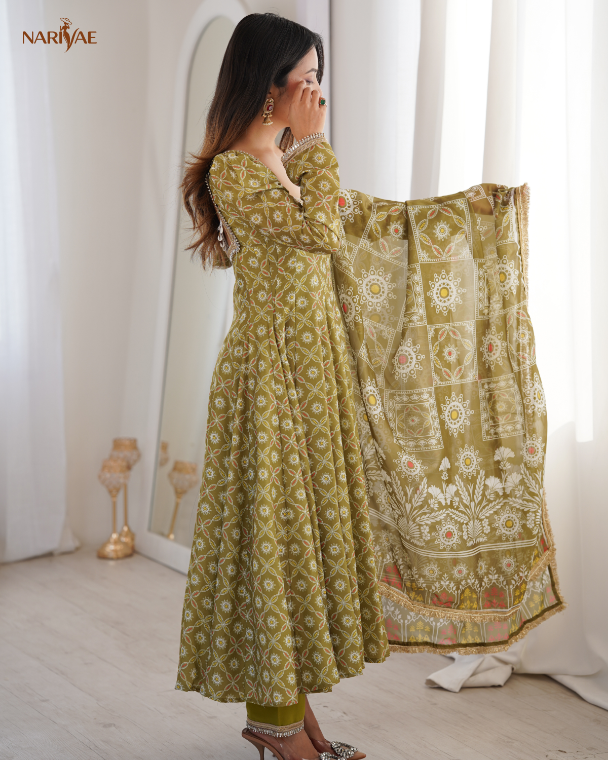 Printed Maslin Mirror Lace Work Gown Set with Pant & Organza Dupatta | Designer Ethnic Wear | Fully Stitched Ready to Wear