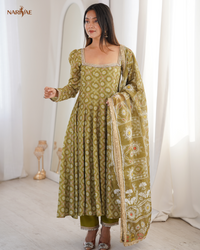 Printed Maslin Mirror Lace Work Gown Set with Pant & Organza Dupatta | Designer Ethnic Wear | Fully Stitched Ready to Wear