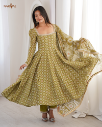 Printed Maslin Mirror Lace Work Gown Set with Pant & Organza Dupatta | Designer Ethnic Wear | Fully Stitched Ready to Wear
