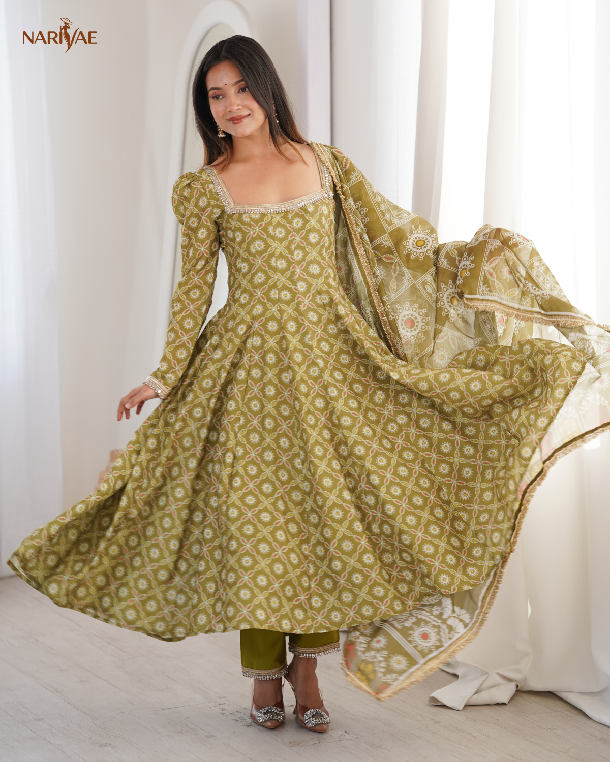 Printed Maslin Mirror Lace Work Gown Set with Pant & Organza Dupatta | Designer Ethnic Wear | Fully Stitched Ready to Wear