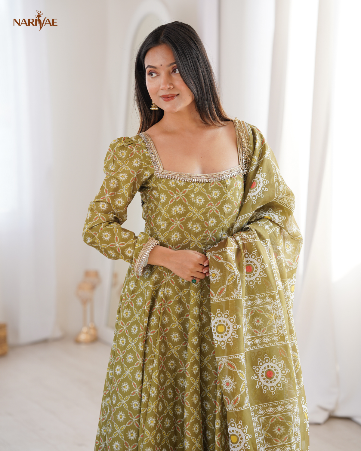 Printed Maslin Mirror Lace Work Gown Set with Pant & Organza Dupatta | Designer Ethnic Wear | Fully Stitched Ready to Wear