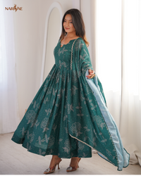 Printed Maslin Flared Gown Set with Pant & Dupatta | 4 Meter Flair Wedding Wear Ethnic Outfit | Fully Stitched Ready to Wear