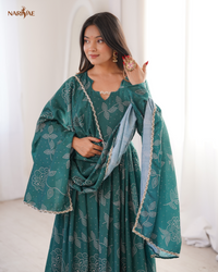 Printed Maslin Flared Gown Set with Pant & Dupatta | 4 Meter Flair Wedding Wear Ethnic Outfit | Fully Stitched Ready to Wear