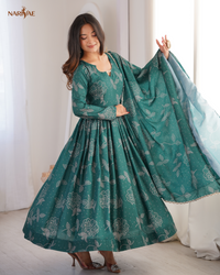 Printed Maslin Flared Gown Set with Pant & Dupatta | 4 Meter Flair Wedding Wear Ethnic Outfit | Fully Stitched Ready to Wear