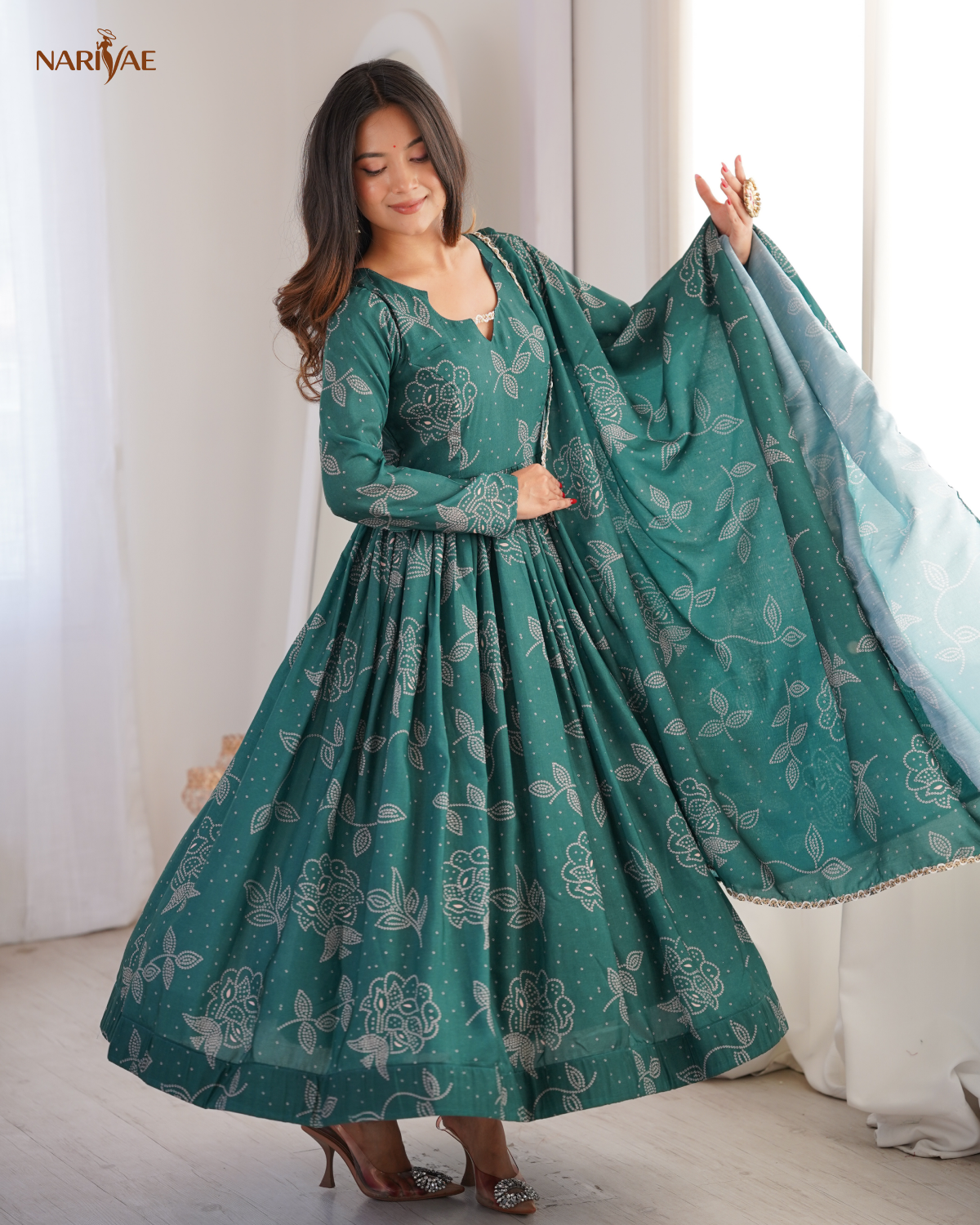 Printed Maslin Flared Gown Set with Pant & Dupatta | 4 Meter Flair Wedding Wear Ethnic Outfit | Fully Stitched Ready to Wear