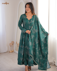 Printed Maslin Flared Gown Set with Pant & Dupatta | 4 Meter Flair Wedding Wear Ethnic Outfit | Fully Stitched Ready to Wear