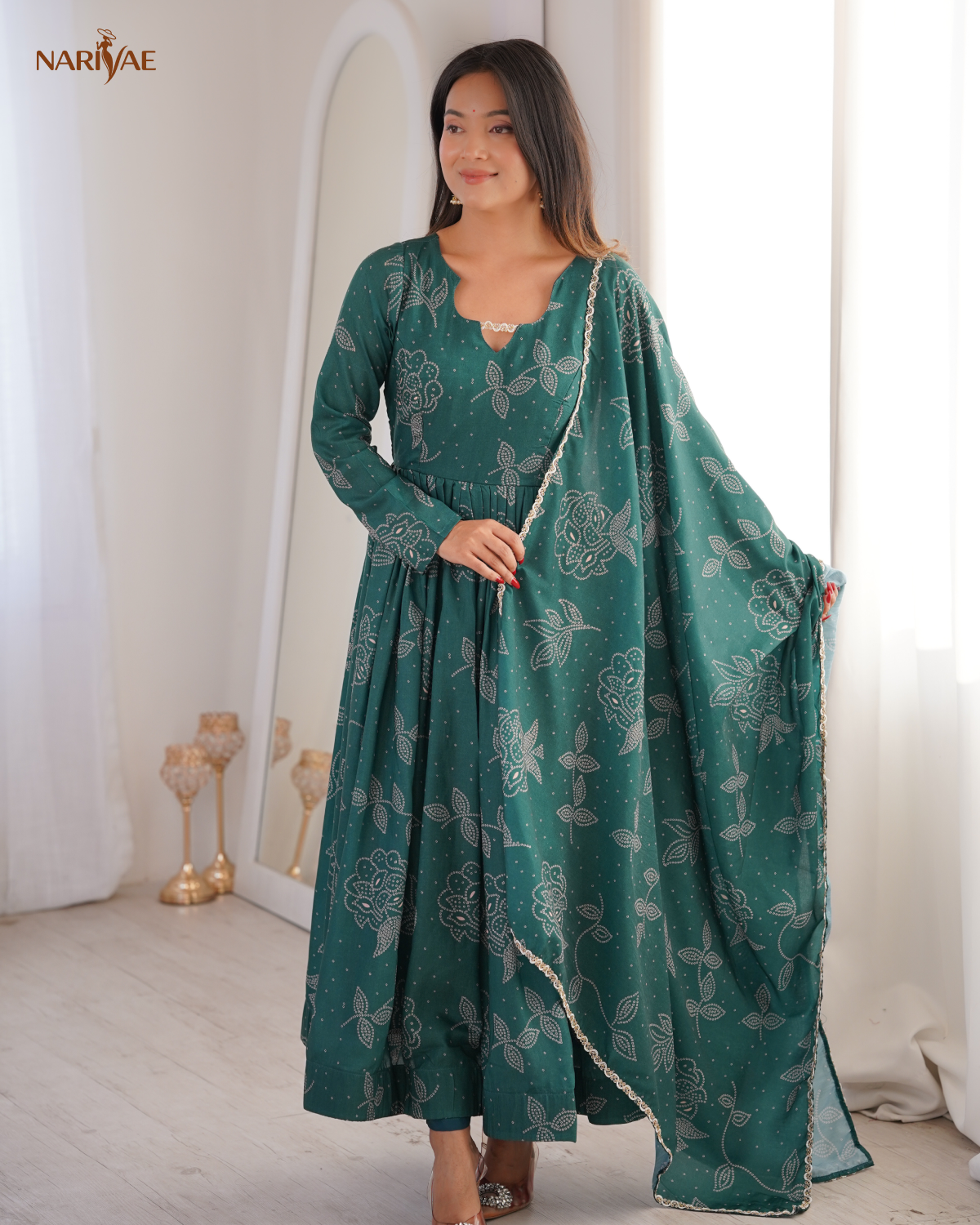Printed Maslin Flared Gown Set with Pant & Dupatta | 4 Meter Flair Wedding Wear Ethnic Outfit | Fully Stitched Ready to Wear