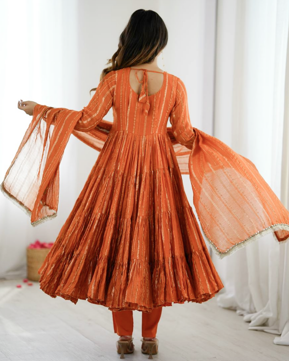 Mal Chanderi Ruffle Gown with Real Mirror Work | Dupatta & Bottom Set | Ready to Wear Ethnic Outfit for Women