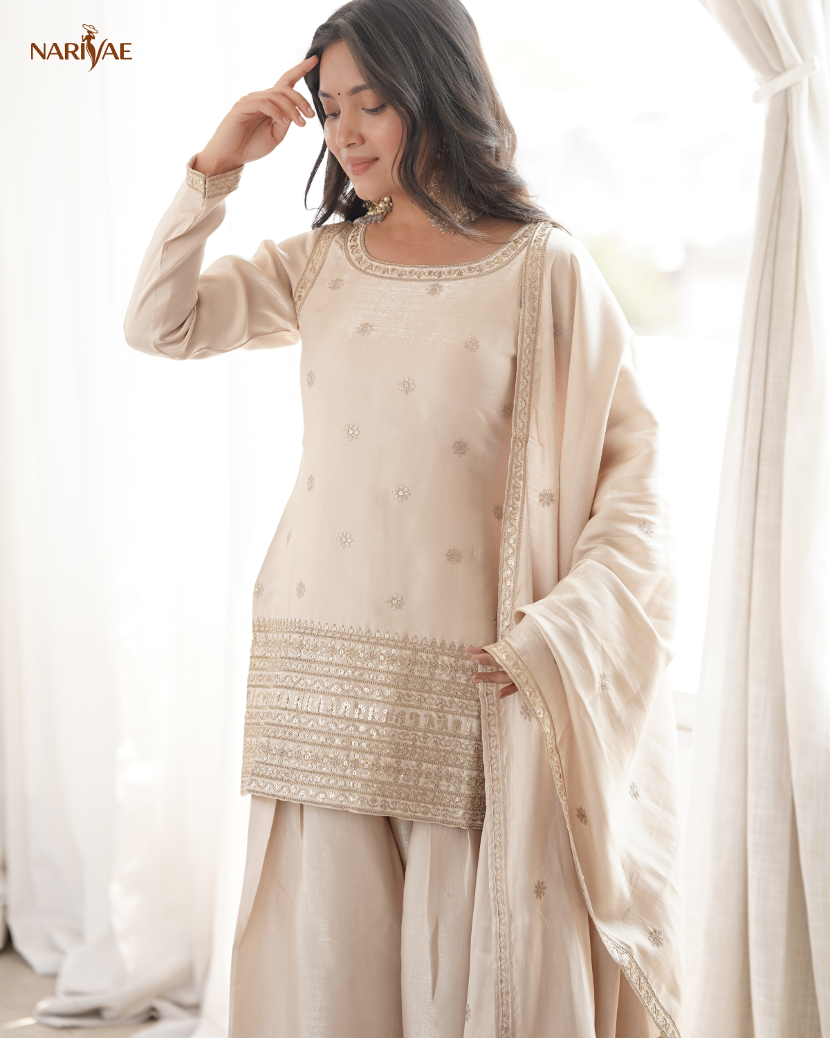 Glass Roman Silk Embroidered Kurta Set with Farshi Shalwar & Dupatta | Sequence, Dori & Zari Work | Ready to Wear