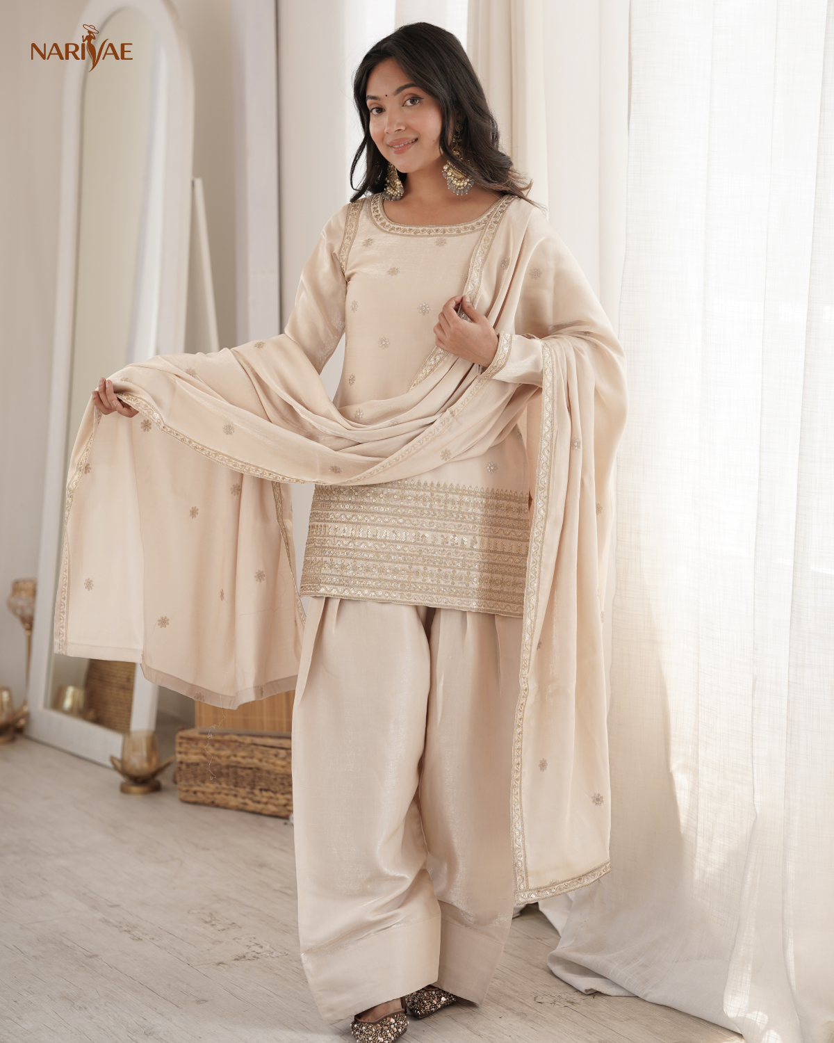 Glass Roman Silk Embroidered Kurta Set with Farshi Shalwar & Dupatta | Sequence, Dori & Zari Work | Ready to Wear