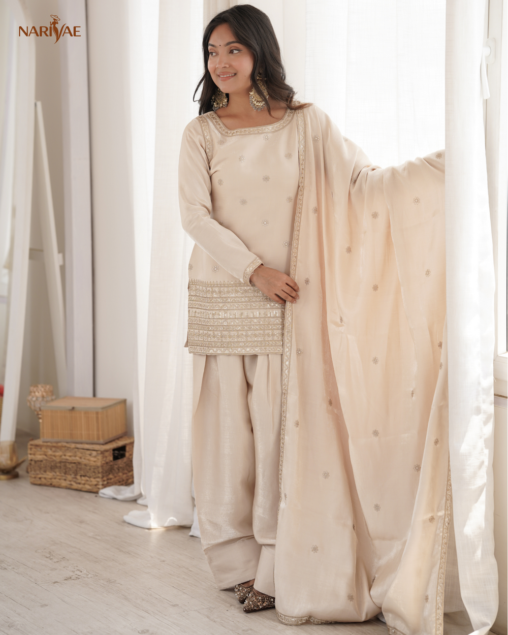 Glass Roman Silk Embroidered Kurta Set with Farshi Shalwar & Dupatta | Sequence, Dori & Zari Work | Ready to Wear