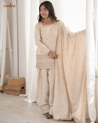 Glass Roman Silk Embroidered Kurta Set with Farshi Shalwar & Dupatta | Sequence, Dori & Zari Work | Ready to Wear
