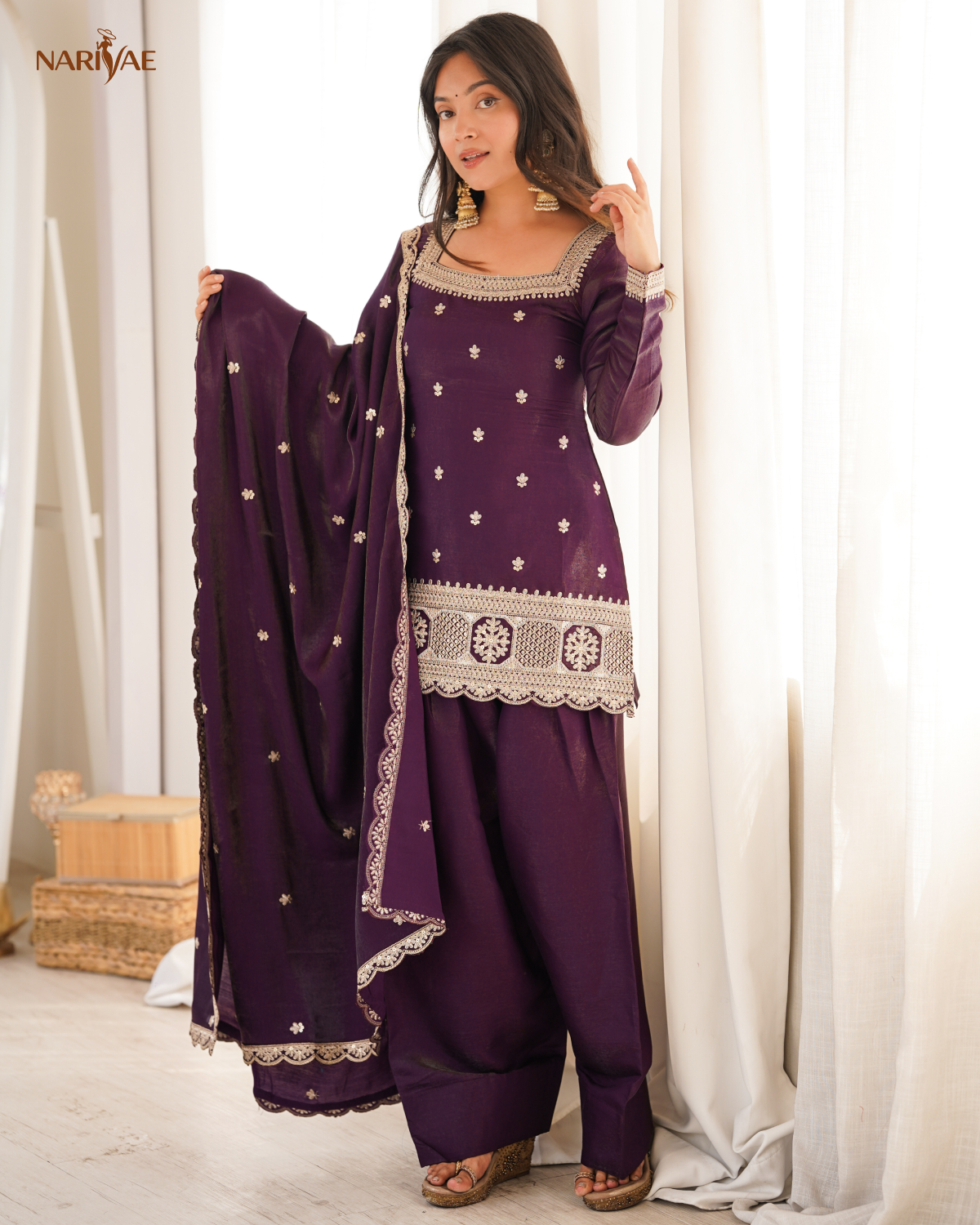 Glass Roman Silk Embroidered Kurta Set with Farshi Shalwar & Dupatta | Designer Ethnic Wear | Ready to Wear