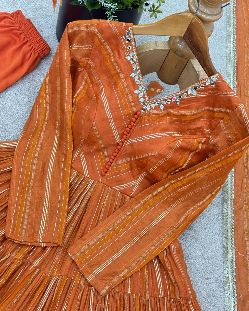 Mal Chanderi Ruffle Gown with Real Mirror Work | Dupatta & Bottom Set | Ready to Wear Ethnic Outfit for Women