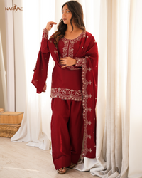 Glass Roman Silk Embroidered Kurta Set with Farshi Shalwar & Dupatta | Sequence & Zari Work | Ready to Wear