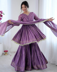 Sharara Set with Mirror Handwork Top | Flowy Sharara Palazzo & Dupatta | Fully Stitched Ready to Wear Ethnic Set for Women