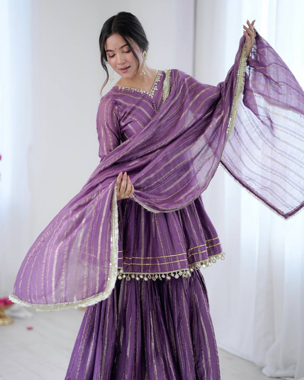 Sharara Set with Mirror Handwork Top | Flowy Sharara Palazzo & Dupatta | Fully Stitched Ready to Wear Ethnic Set for Women