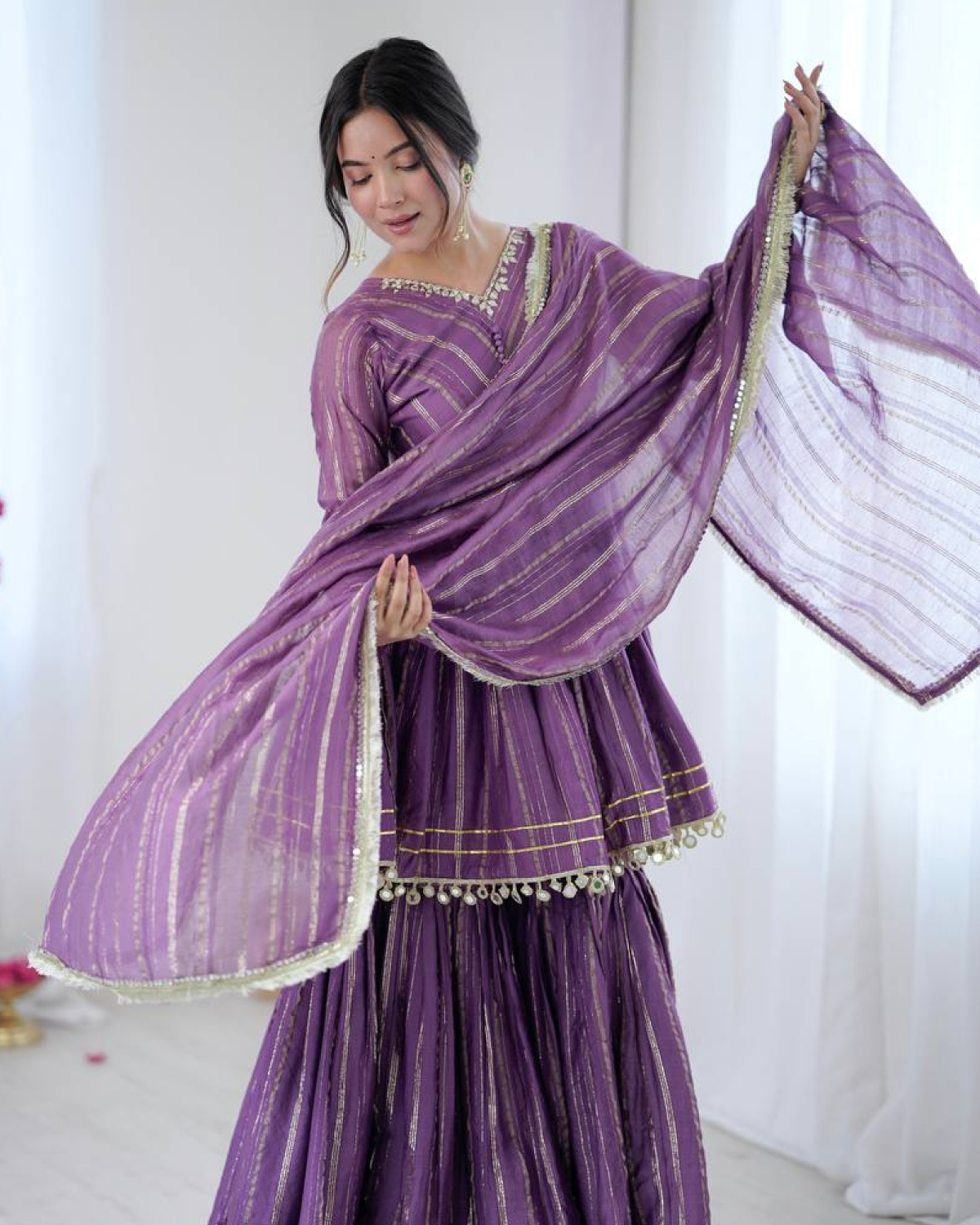 Sharara Set with Mirror Handwork Top | Flowy Sharara Palazzo & Dupatta | Fully Stitched Ready to Wear Ethnic Set for Women